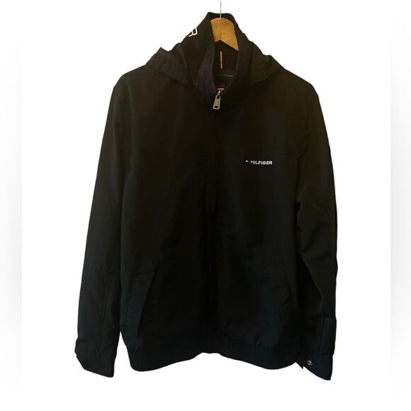 TOMMY HILFIGER Black High Neck Mid Weight Fall Rain Hooded Jacket Coat L - Picture 1 of 8